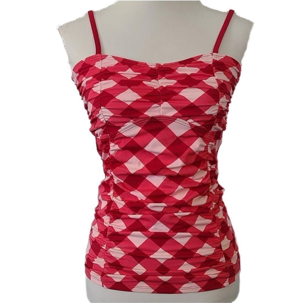 NWT Lime Ricki Red & Pink Gingham Shirred Ruched Tankini Top Size XS